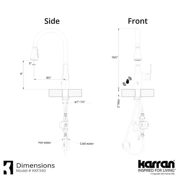 dimension image slide 0 of 2, Karran Kadoma Touchless One-Handle Triple Function Sprayer Kitchen Faucet