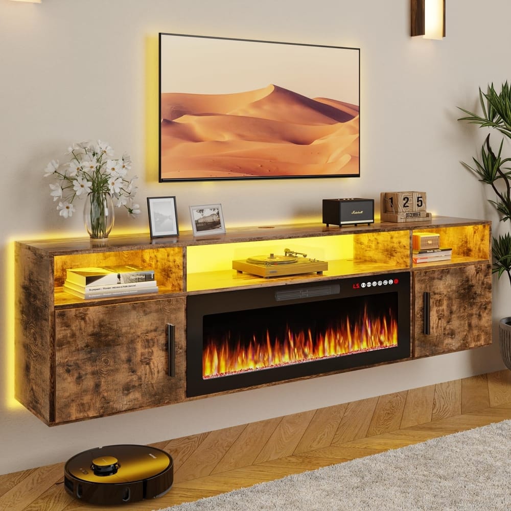 BOSSIN 70" Floating TV Stand with 36" Electric Fireplace, High Gloss Finish Wall Mounted Fireplace TV Stand with Storage