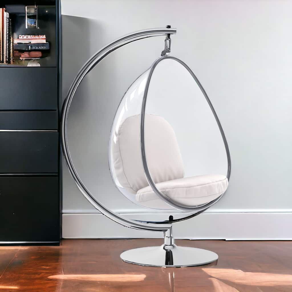 HomeRoots 28" White And Silver Acrylic and Faux Leather Balloon Chair - 28.4' X '45.4' X '23.8
