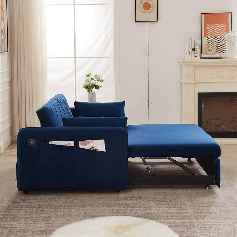 Modern Velvet Upholstered Sleeper Sofa with Pull-out Bed, UPS Ports,2 Lumbar Pillows and Side Pocket