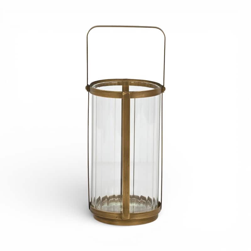 Vortial Fluted Glass Candle Lantern with Gold Metal Frame