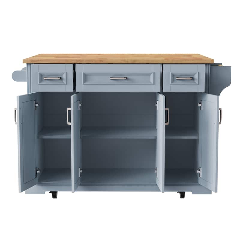 54" Large Rolling Kitchen Island with Rubber Wood Drop Leaf - Embossed Texture Storage Cart with 4 Doors & 3 Drawers for Kitchen