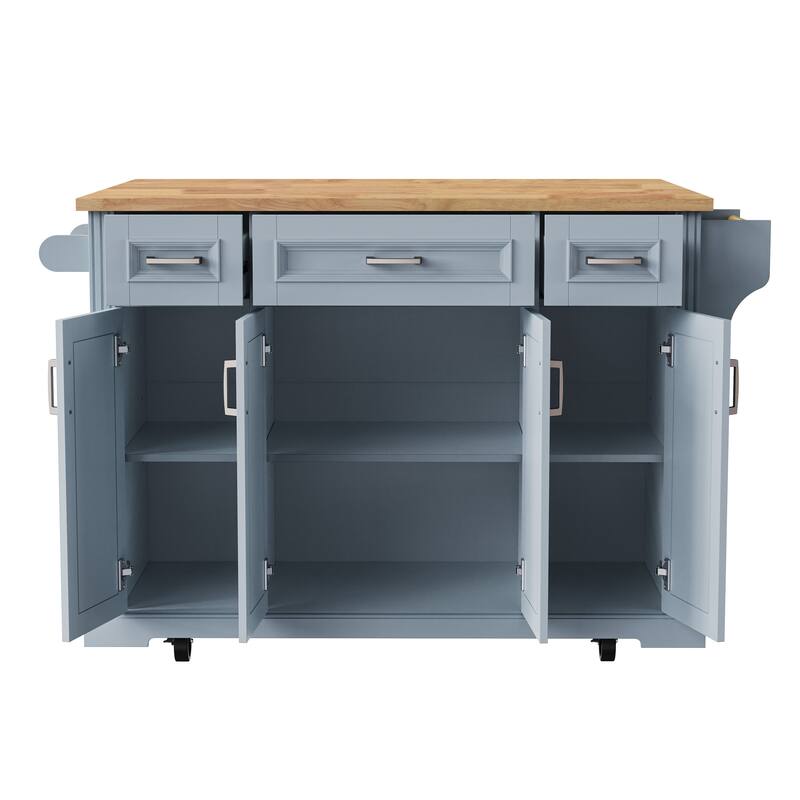 54"Large Kitchen Island with Rubber Wood Drop Leaf,Embossed Texture Rolling Kitchen Cart on 4 Wheels with 4 Doors and 3 Drawers