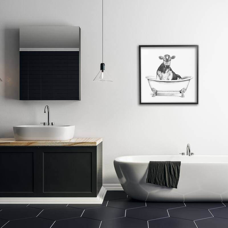 Stupell Cow in Claw Tub Minimal Farm Animal Sketch Framed Wall Art,12x12 - White