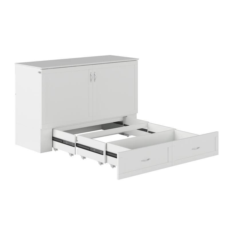 Raleigh Queen Murphy Bed Chest with 6" Mattress, Storage Drawer & Built-In Charger in White
