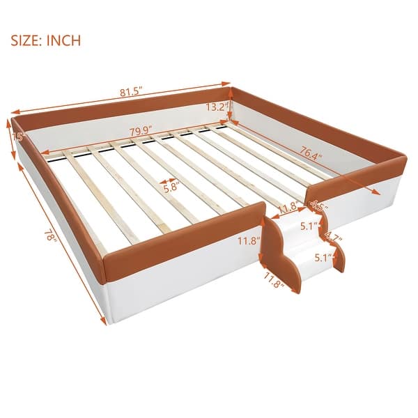 Brown White Sofa Bed Two-color Daybed Toddler Floor Bed with Fence and Stairs Grounded Wood Slat Support Frame Upholstered Bed