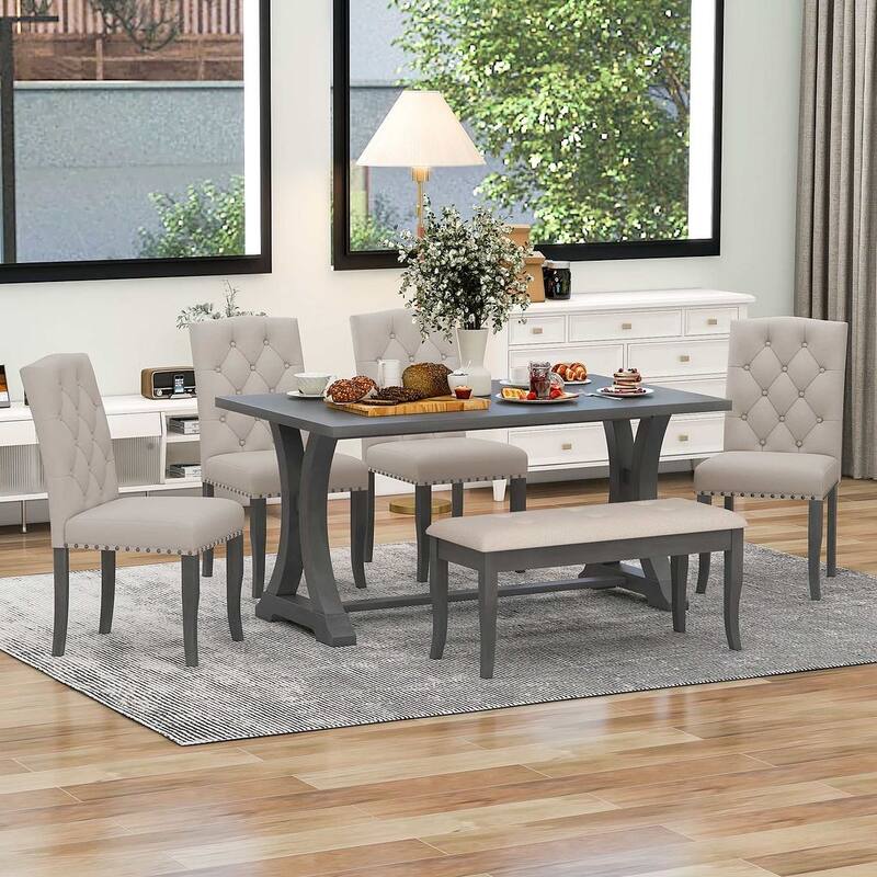 6 PCS Farmhouse Dining Table Set for 6 - Rectangular Trestle Table with Chairs & Bench