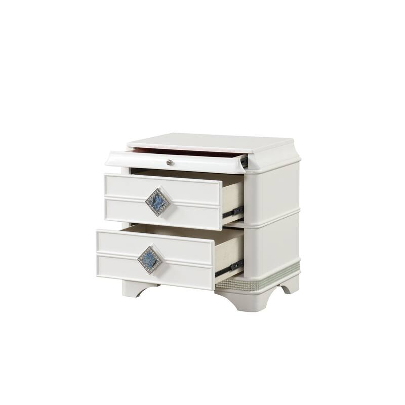 Laguna Modern Style 2-Drawer Night stand Made with Wood, Hidden Jewlry Drawer and Crystal Accents - White