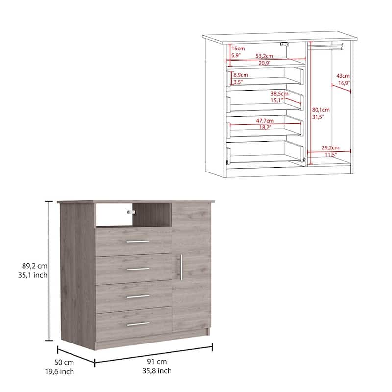 1 Door Wardrobes,Open Shelves and 4-Drawers/Light Grey