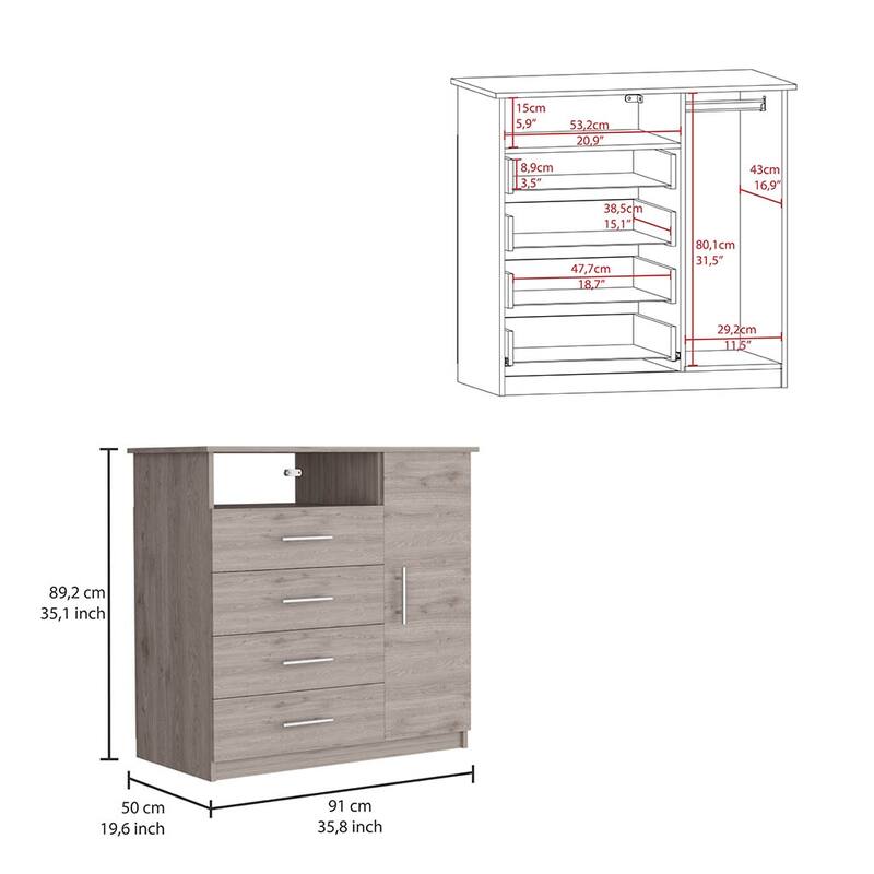 4 Drawer Dresser, Single Door Cabinet, One Open Shelf, Superior Top