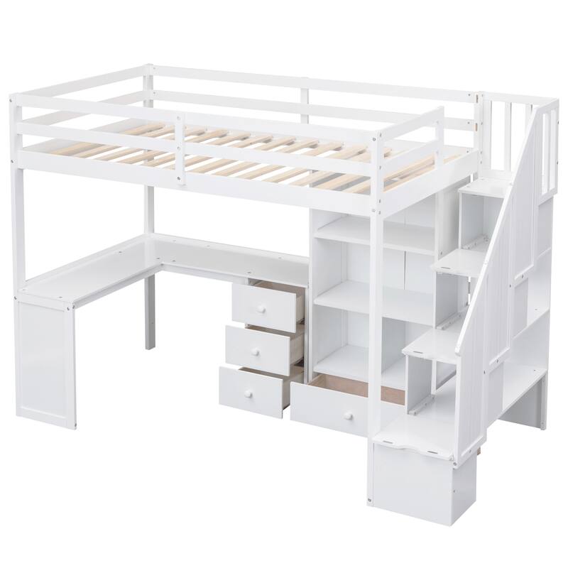 Twin/Full Loft Bed with L-Shaped Desk and Storage Staircase, Multi-Functional Solid Wood Loft Bed Frame with Drawers & Bookcase