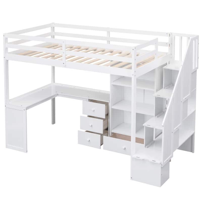 Twin Size Loft Bed with L-Shaped Desk, 3 Drawers, Cabinet & Storage Staircase, Full-Length Guardrail for Top Bunk
