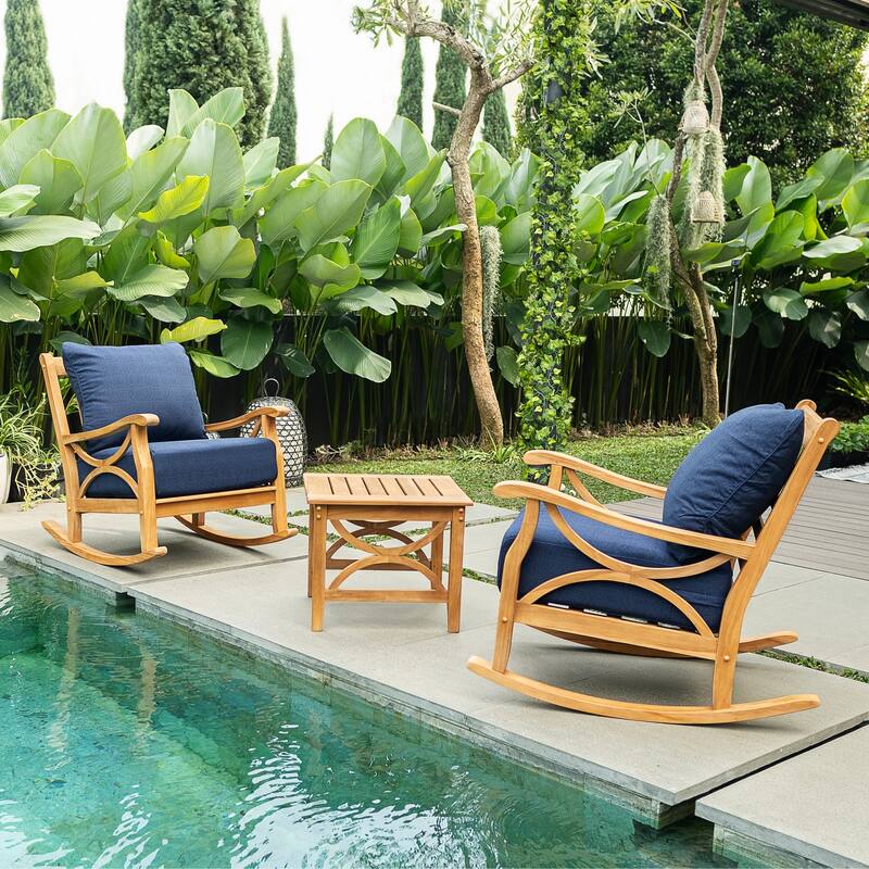 Cambridge Casual Luma 3-piece Teak Rocking Chair Outdoor Set with Cushion - Natural Teak/Navy Cushion