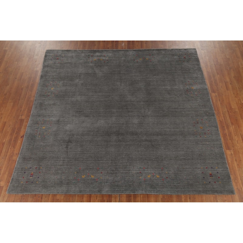 Striped Gabbeh Square Area Rug Handmade Gray Wool Carpet - 9'0"x 8'7"