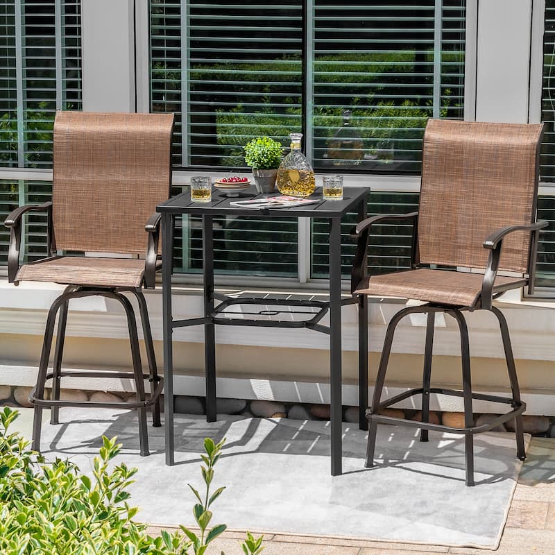 Outdoor 3-Piece Textilene Bar Set, Swivel Bar Stools and Umbrella Hole, Black and Brown with Gold Speckles - Brown with gold point