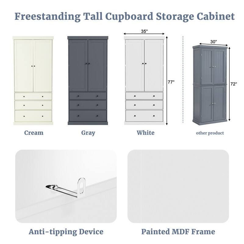 Farmhouse 77" Kitchen Pantry Storage Cabinet with Adjustable Shelves and Multiple Door Shelves