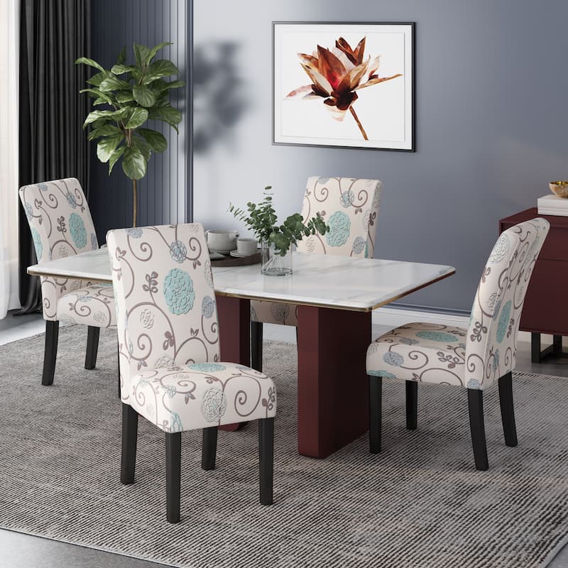 Pertica Patterned Upholstered Dining Chairs (Set of 4) by Christopher Knight Home - Light Beige with Blue Floral + Espresso