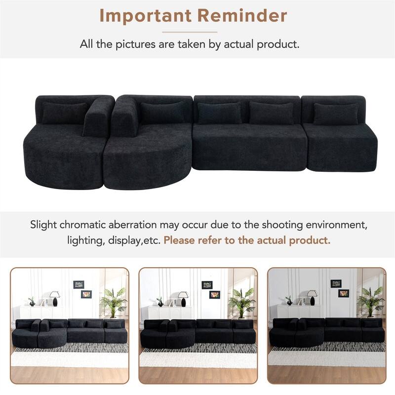 Convertible Sectional Sofa with 2 Curved Chaise Lounges, 143.7" Upholstered Sofa Free-combined Sofa Couch with 5 Back Pillows