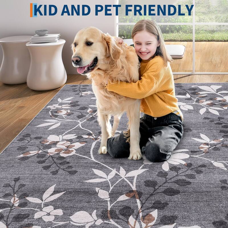 Modern Leaves Pattern Area Rug Botanical Print Washable Rugs for Living Room Bedroom Non-Slip Low Pile Floor Carpet
