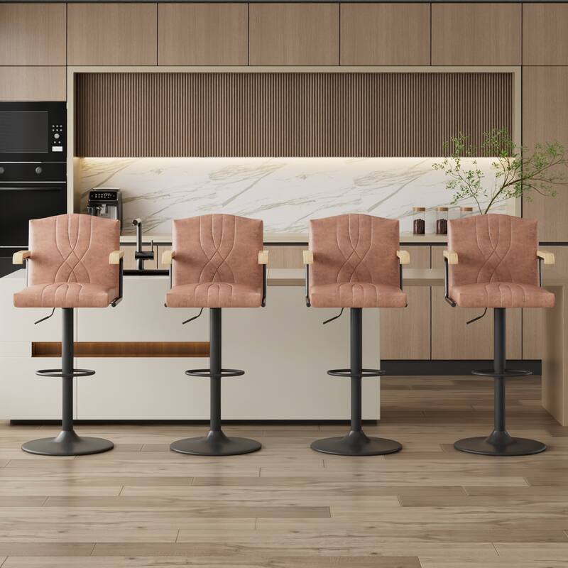 Javlergo 2-Piece & 4-Piece Adjustable Height Bar Chairs Brown PU Leather with Wave Pattern Armrests Black Base with Arc Footrest
