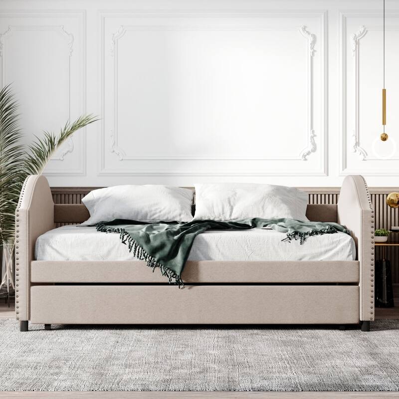 Upholstered Daybed with Trundle, Wood Slat Support