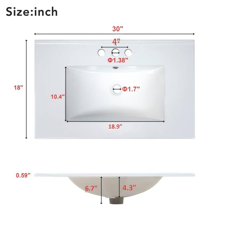 30" Ceramic Sink Bathroom Vanity with Gold Handles, Soft-Close Storage & Space-Saving Design