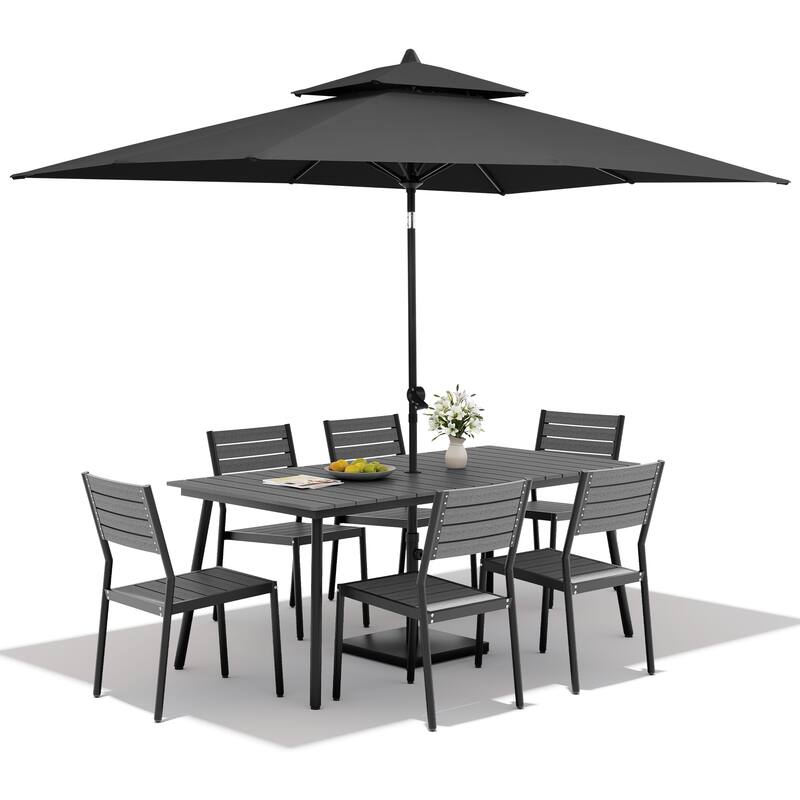 9 PC Outdoor Patio Dining Set Wood-Like Aluminum Umbrella Hole Table with Stackable Chairs,Double Top Market Umbrella and Base