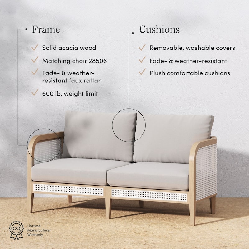 Twila Bohemian Outdoor Upholstered Rattan Patio Seating with Solid Wood Frame