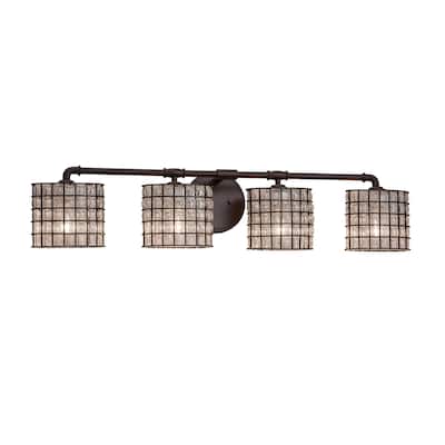 Justice Design Wire Glass Bronx 4-light Dark Bronze Bath Bar, Grid with Clear Bubbles Oval Shade