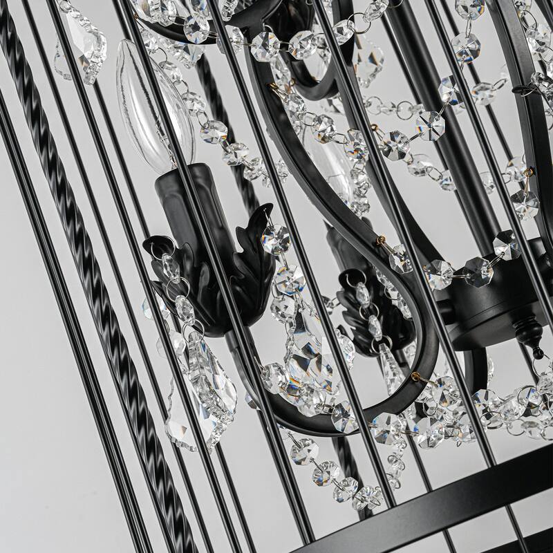 Vintage Industrial Birdcage Crystal Chandelier with Black Metal Cage and Crystal Accents - W17.72"