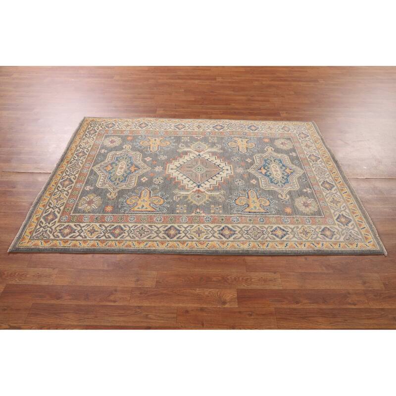 Gray Geometric Kazak Area Rug Handmade Wool Carpet - 4'0"x 5'11"