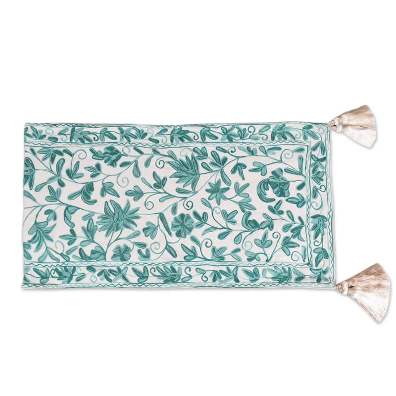Novica Handmade Kashmir Leaves In Green Chain-Stitched Cotton Table Runner
