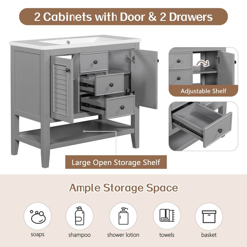 (Base Only) 36" Bathroom Vanity without Sink, 2 Cabinets and Drawers, Open Shelf