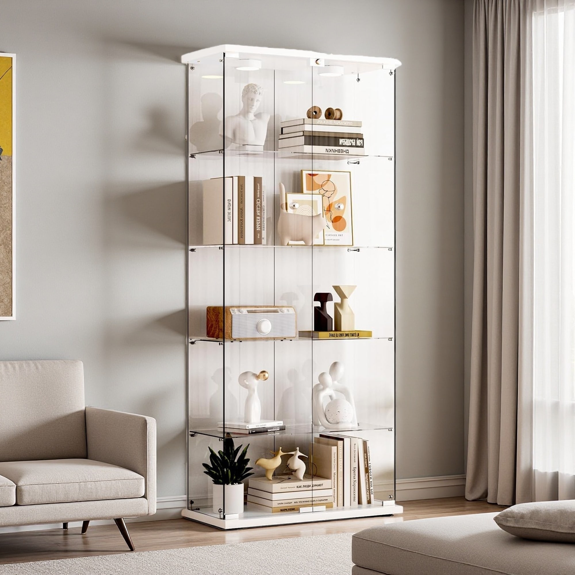 75"H Glass Display Cabinet, 5-Shelf Tempered Glass with Locking Doors, LED Push Lights with 12-Colors, Floor-to-Ceiling Bookcase