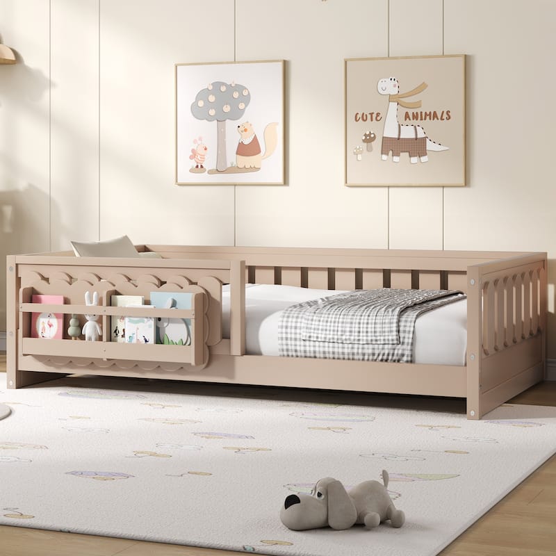GDFStudio - Modern Wooden Full Size Platform Bed with Guardrail and Storage Shelves