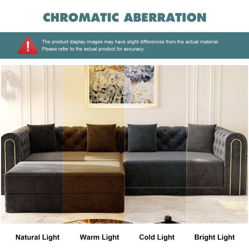 Homy Casa 90.6" 3-in-1 Convertible Sleeper Sofa with Button Tufted & Gold Trim, Movable Ottoman