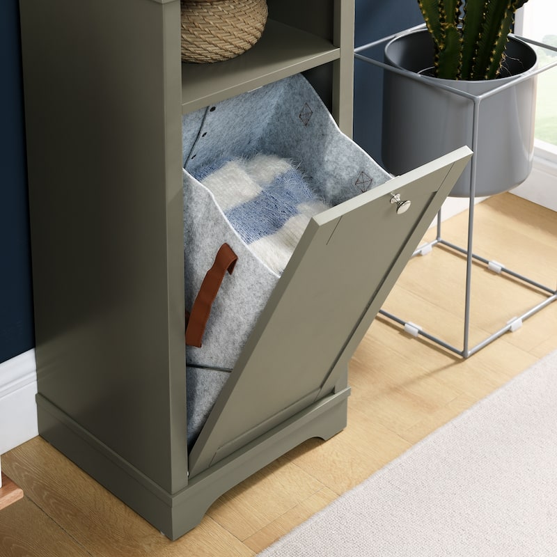 Roomfitters Tall Bathroom Storage Cabinet, Narrow Floor Organizer with Laundry Hamper, Small Space Linen Tower, Grey