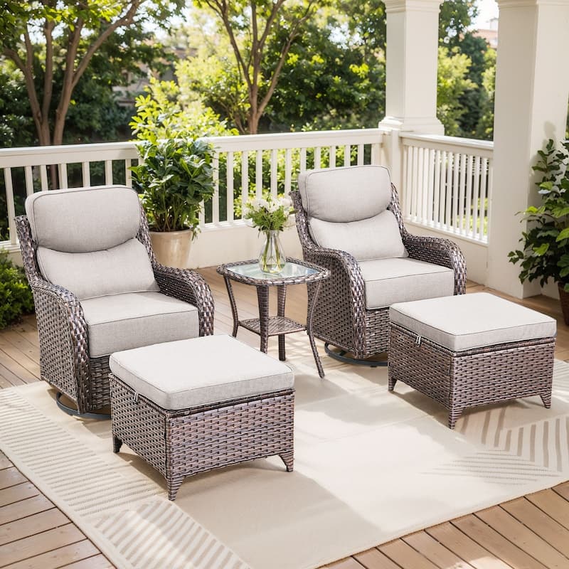 Pocassy Patio Furniture Set with Swivel Chairs, All Weather Patio Wicker - Brwon Wicker Beige Cushion - 5PCS Swivel Chair w/ Table Ottoman