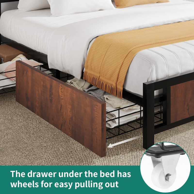 Queen Vintage Wood and Metal Headboard Platform Bed