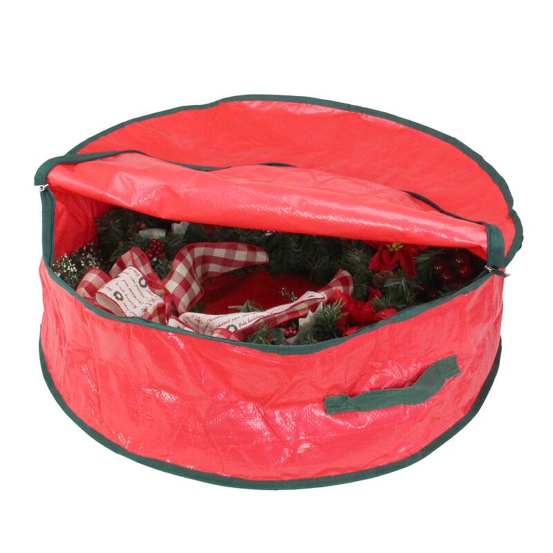 24" Red Green Christmas Wreath Round Storage Bag With Carrying Handle