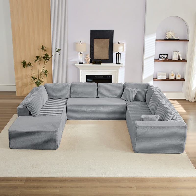 Corduroy 141'' Deep Seat Modular Sectional Sofa, Modern 8-Seater U-Shape Sofa Couch with Moveable Ottoman