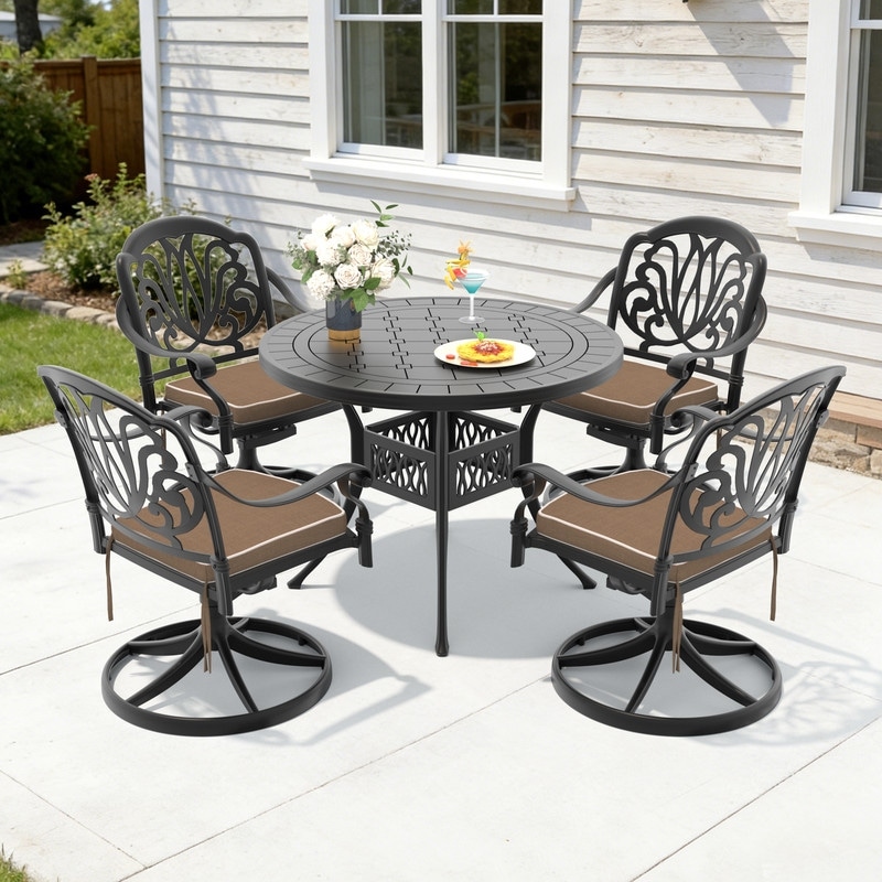 39.37in Round Black Cast Aluminum Outdoor Dining Table and 4 Swivel Black Frame Outdoor Chairs with Cushions