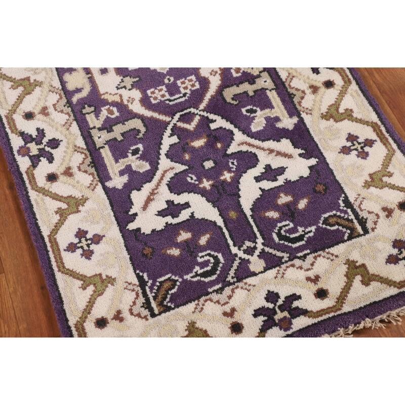 Purple & Ivory Oushak Oriental Runner Rug Hand-Knotted Wool Carpet - 2'6"x 9'9"