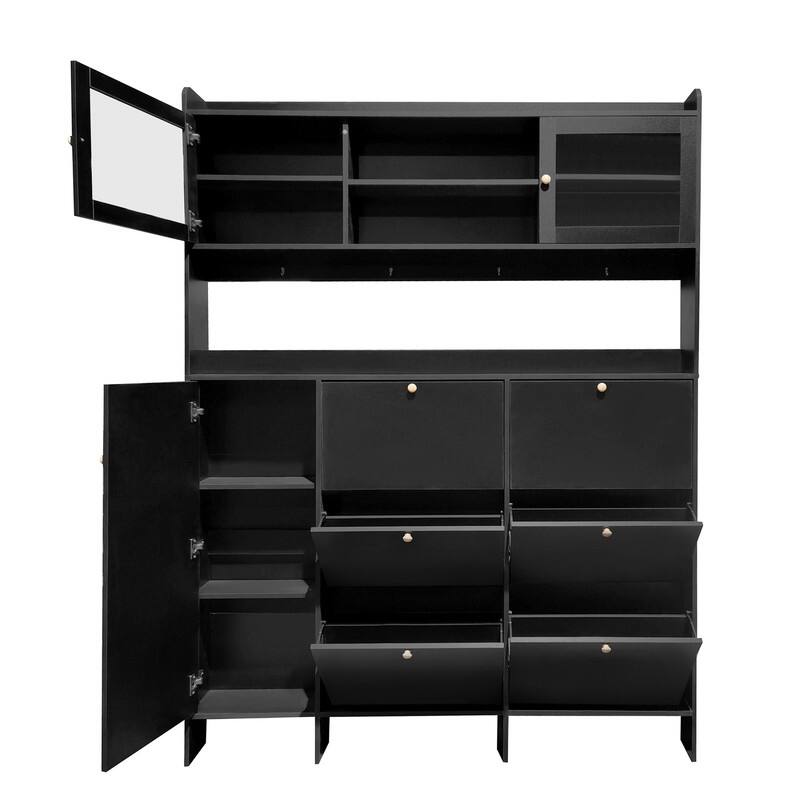 Multifunctional Large Hall Tree with Tempered Glass Doors,Storage Shelf,6 Flip Shoe Drawers and 4 Hooks
