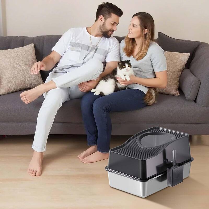 Stainless Steel High Sided Cat Litter Box, Enclosed Removable Covered