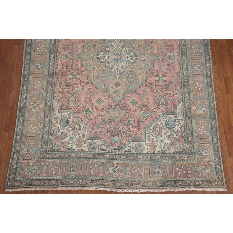 Hand Knotted Oriental 100% Wool Carpet Traditional Medallion Pink Tabriz Area Rug - 9' 7'' X 6' 7''