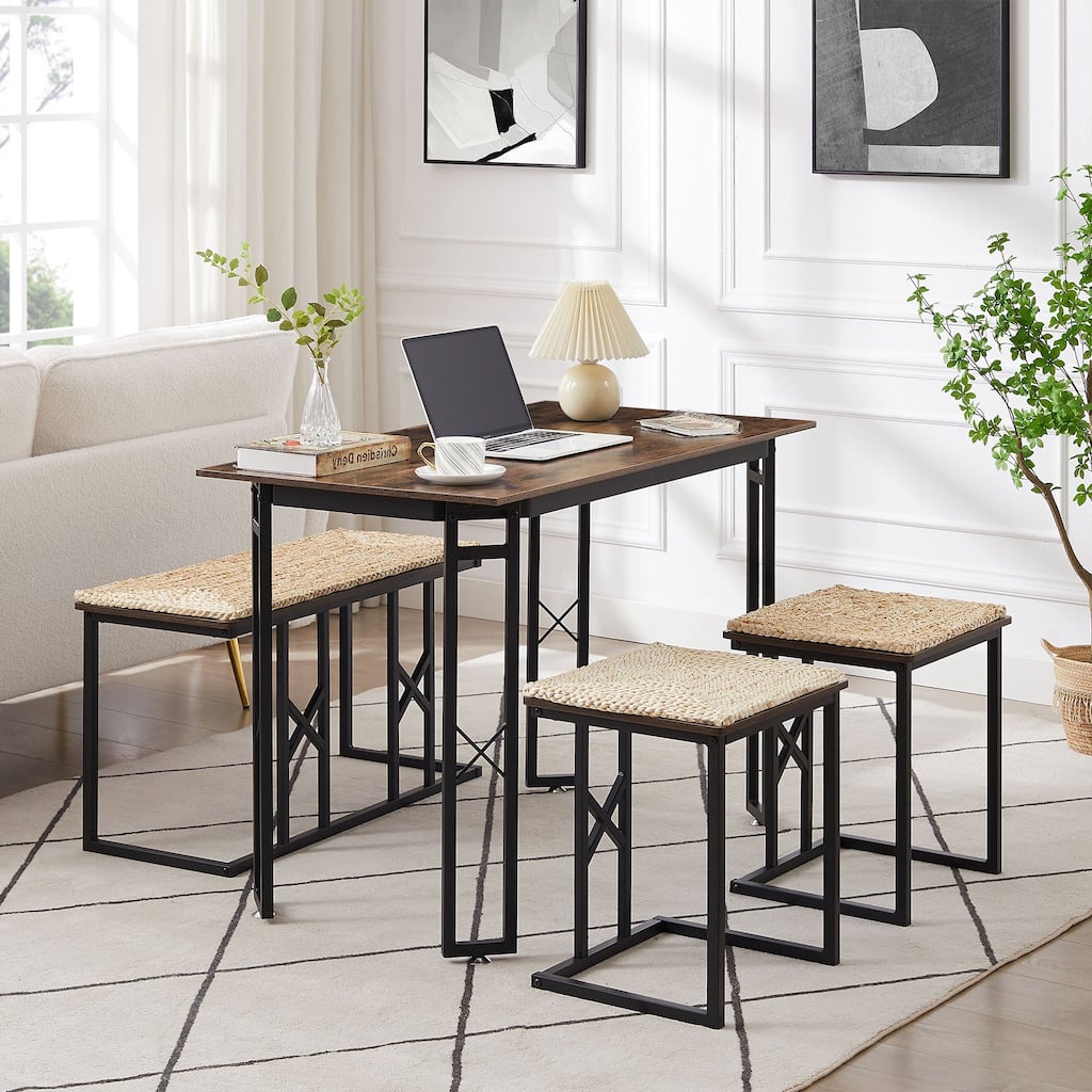 Javlergo 4-Piece Dining Table Set, Space Saving Kitchen Table with Bench and Two Stools for 4