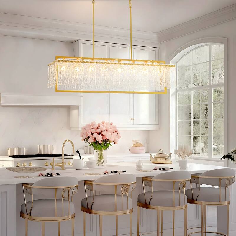 8-Light Gold Rectangular Chandelier with Water-Ripple Glass for Dining Room - 41.7 in. W x 11 in. D x 11.8 in. H
