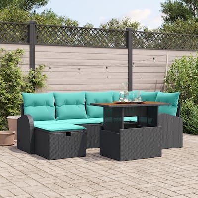 vidaXL 7 Piece Garden Sofa Set with Cushions Black Poly Rattan - 92.1 x 48.8 x 27.2