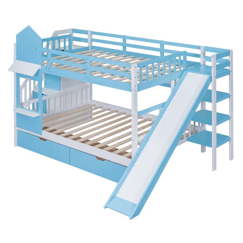 Full-Over-Full Castle Style Bunk Bed with 2 Drawers, 3 Shelves, and Slide - Blue